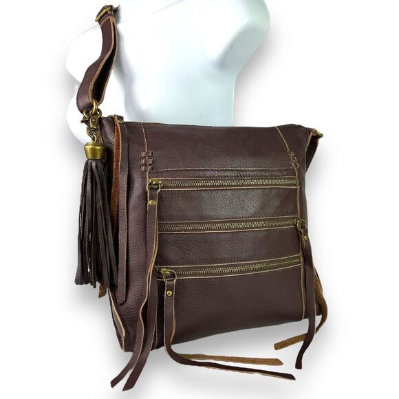 Lucky Brand Vintage Crossbody Hobo Shoulder Bag Tassels Brown Leather Western - Picture 2 of 14